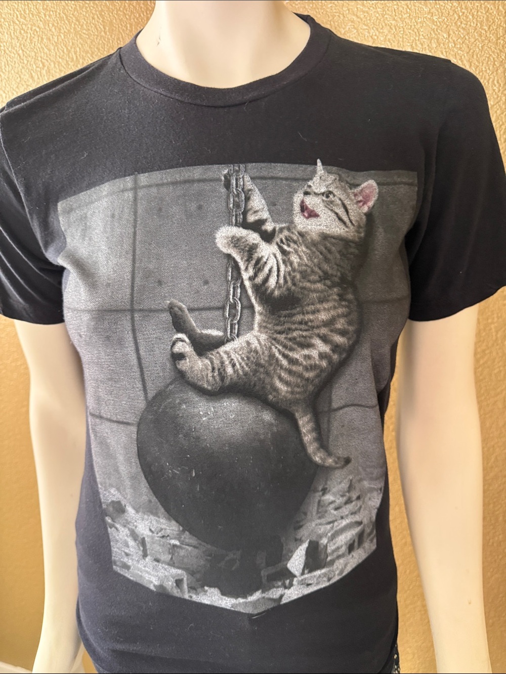 Black Cat Wrecking Ball Graphic Tee - Playful Kitten Print
